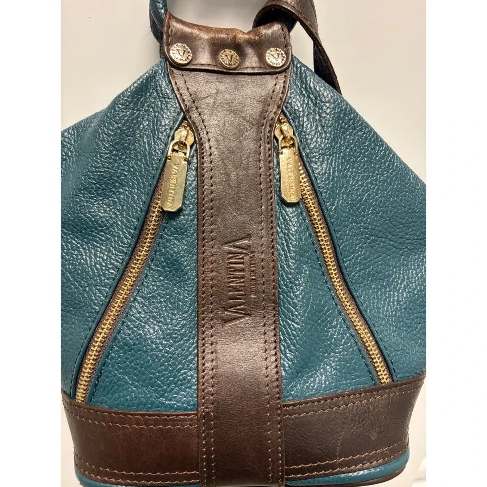 Vintage Valentina Pebble Leather Convertible Teal Brown Made in Italy Good